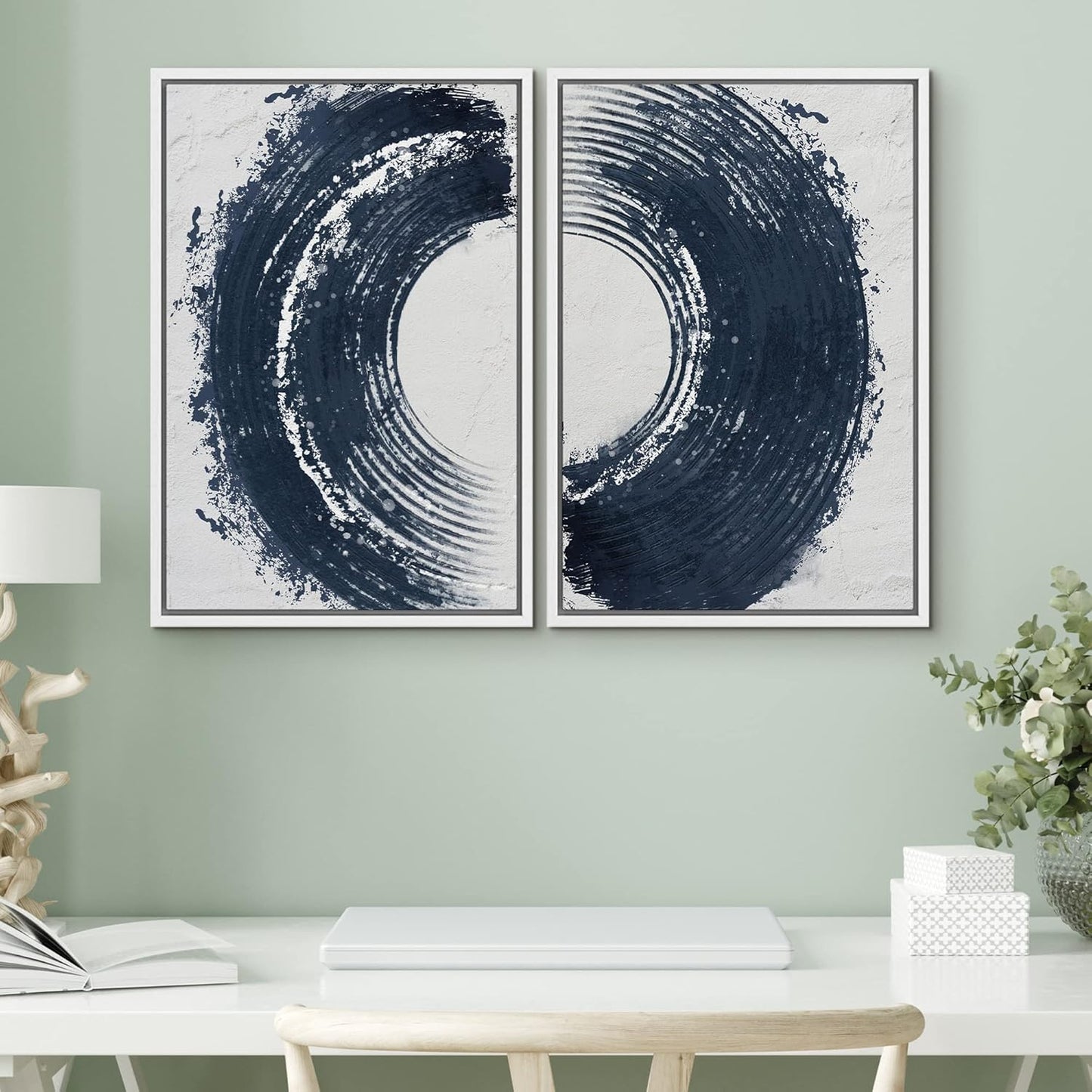SIGNWIN Framed Canvas Print Wall Art Set Black Gray Pastel Paint Stroke Spiral Ring Abstract Shapes Illustrations Modern Minimal Decorative for Living Room, Bedroom, Office - 24"x36"x2 White