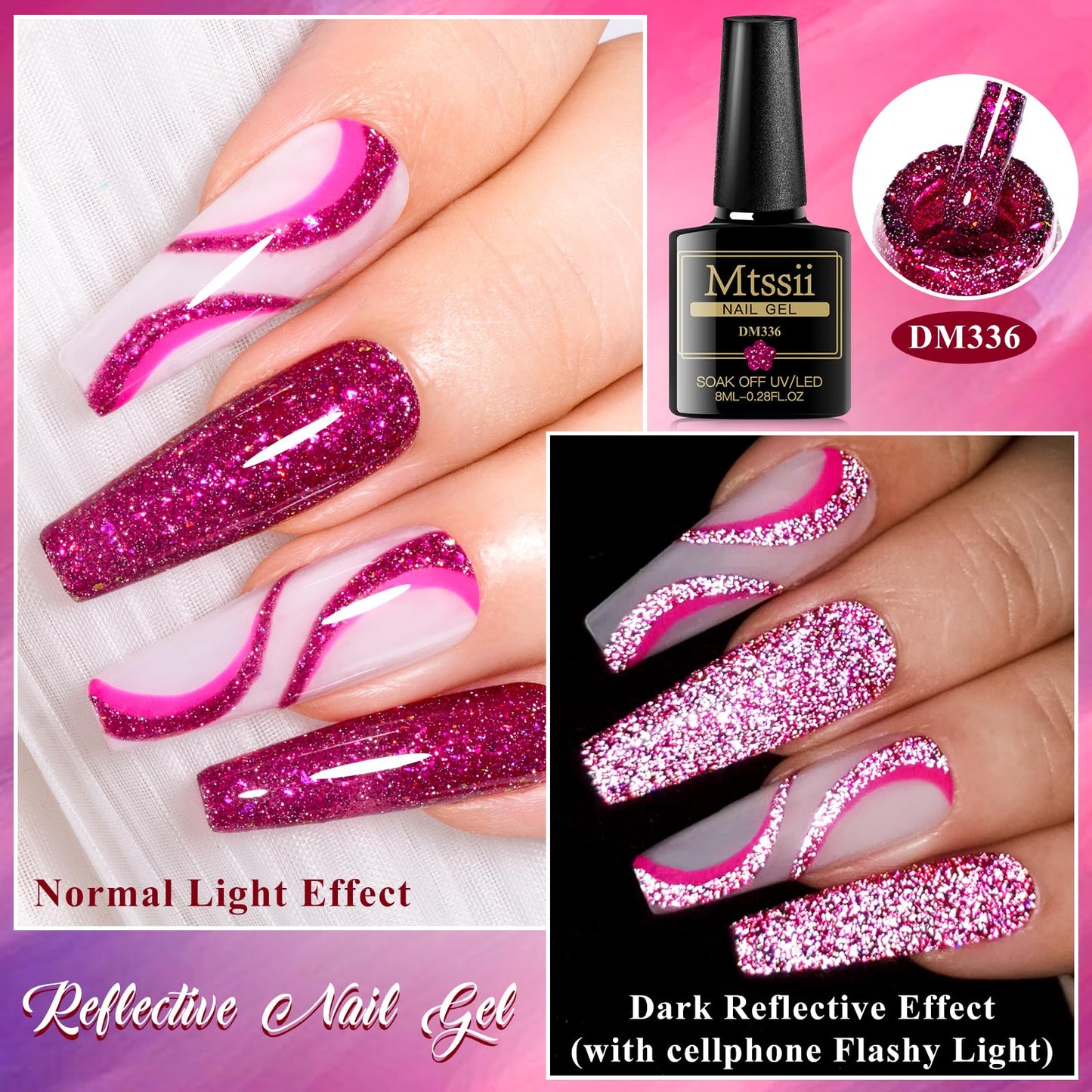 MTSSII Hot Pink Gel Nail Polish and Cat Eye Gel Nail Polish Spring Summer Hot Pink Red Purple Reflective Glitter Gel Polish for