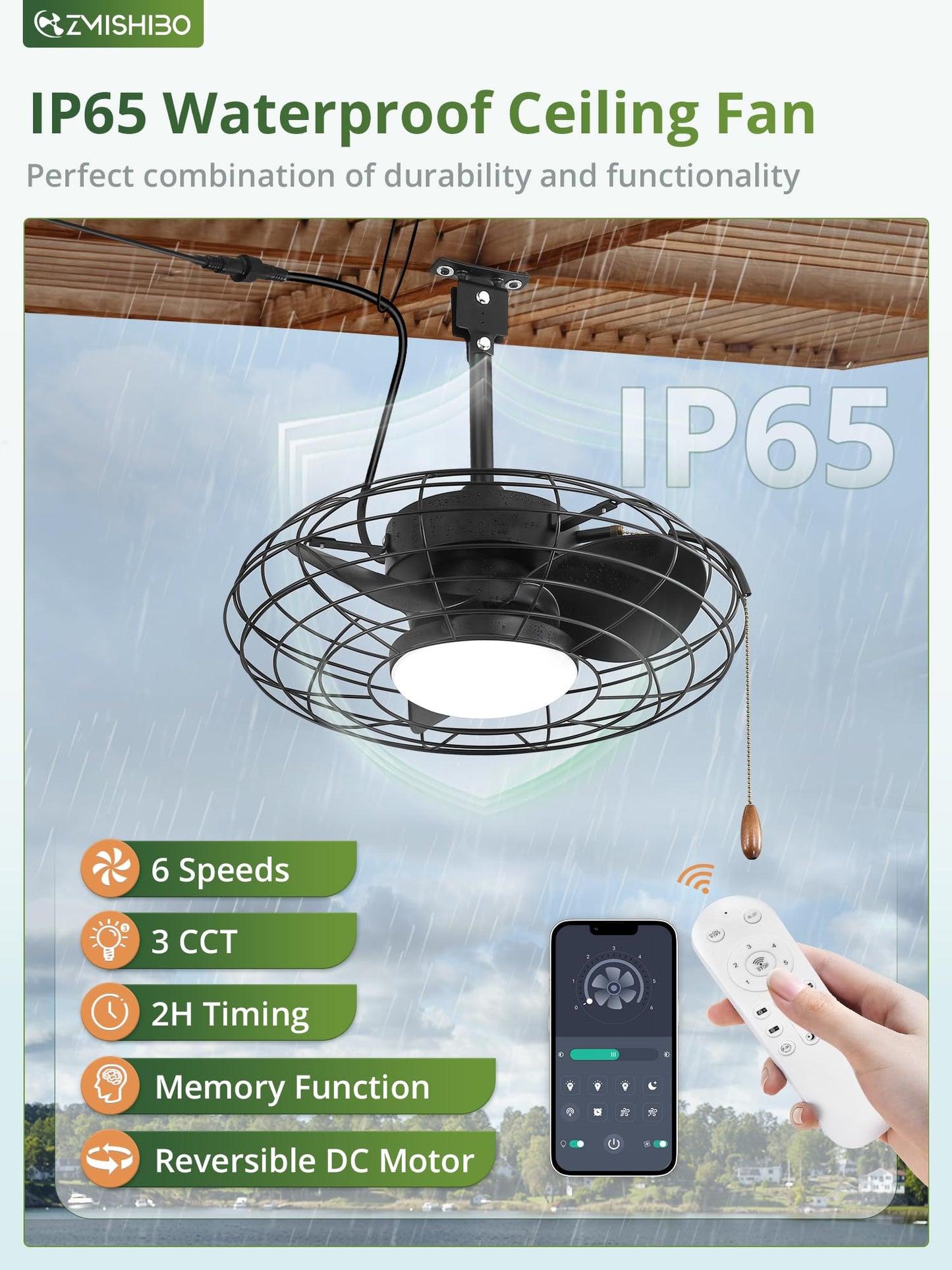 Zmishibo Outdoor Ceiling Fans With Light For Patios,Waterproof Gazebo Fan With Remote Control Smart App,3Cct Dimmable,Plug In Ca