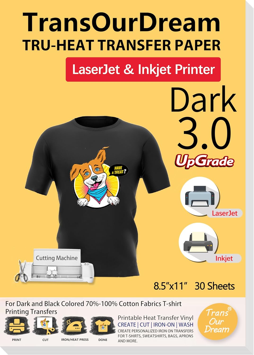 TransOurDream Tru-Heat Transfer Paper for Inkjet & Laserjet Printer (30 Sheets, 8.5x11", Dark 3.0) Printable HTV Heat Transfer Vinyl for T Shirts Iron on Transfers for Dark Fabrics (D3-33)
