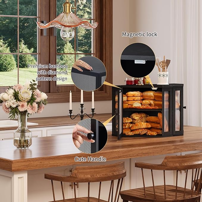 Corner Bread Box for Kitchen Countertop,Bread Storage for Homemade Bread, Double Layer Large Bamboo Kitchen Storage Bin with Window (Black, Medium)