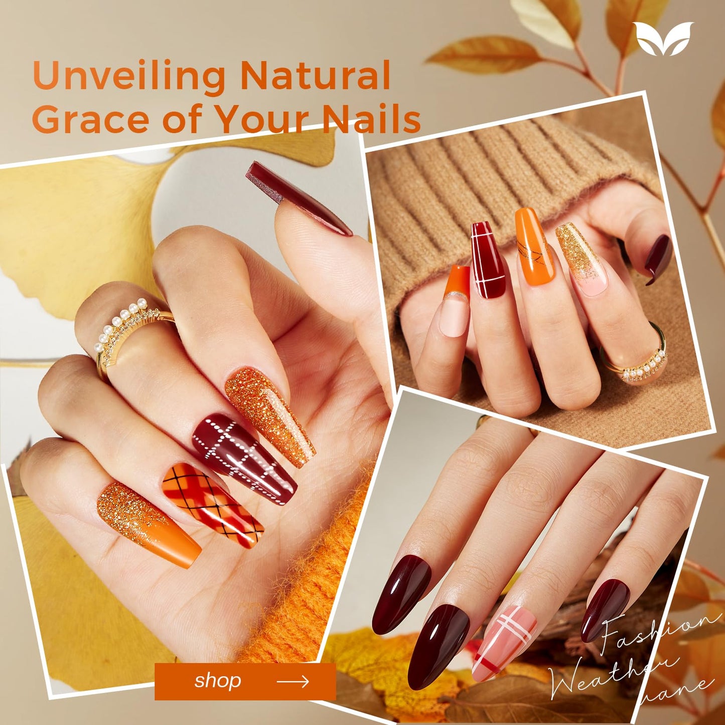 Morovan Fall Nail Polish Set: 6 Gold Maple Leaf Nail Polish Kit 2025 Glitter Autumn Fingernail Pumpkin Yellow Burnt Orange Art Q