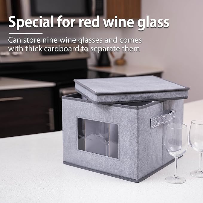 VENO 2 Pack Wine Glass Storage Box with Lid and Handles, Glasswares, China Organizer, Great for Moving, Transport. Dividers for 9 Glasses (Wine Glasses - 2 Pack)