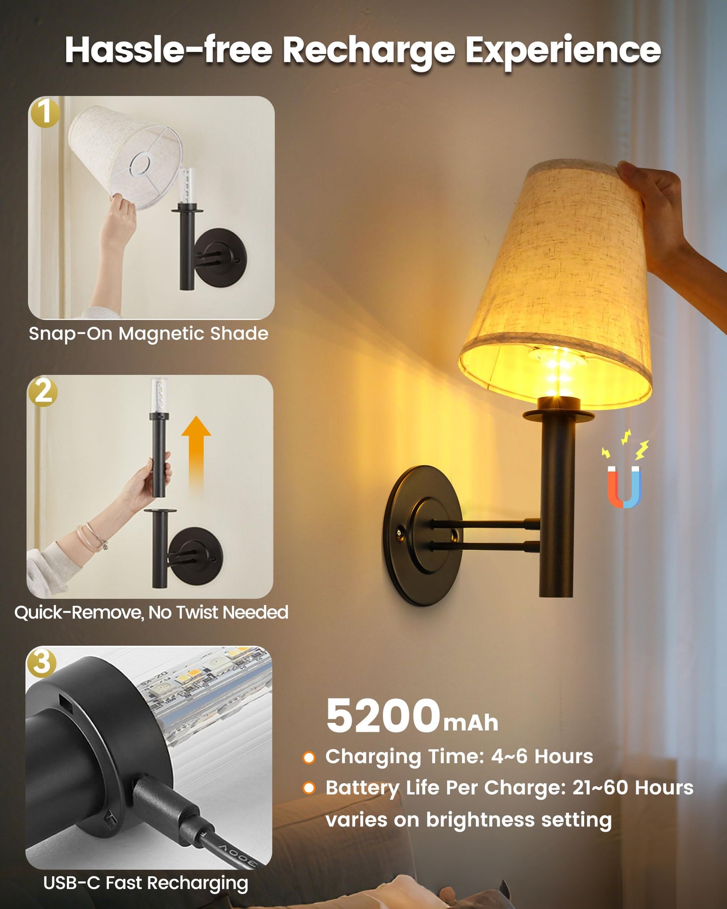 TECOMLIGHT Wireless LED Wall Sconce Set of 2, Rechargeable, Remote & Touch Control, Matte Black, Model TWS-002