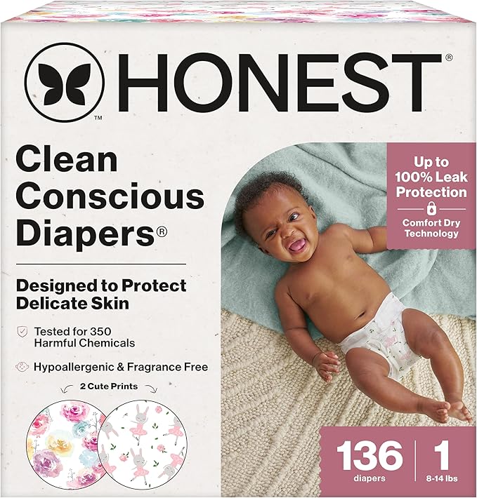 The Honest Company Clean Conscious Diapers for Sensitive Skin, Up to 100% Leakproof Hypoallergenic Fragrance-Free Baby Diapers, Girl Prints, Super Club Box, Size 1 (8–14 lbs), 136 Count