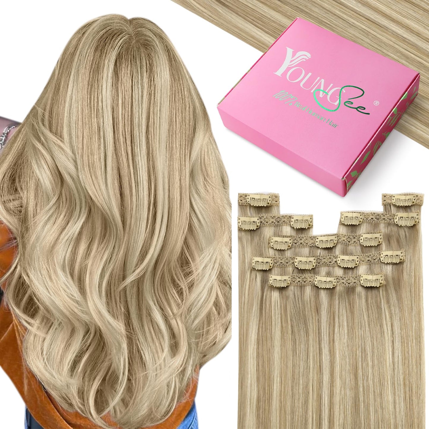 YoungSee 135G Lace Clip in Hair Extensions Highlight Clip in Hair Extensions Real Human Hair Light Blonde Highlighted Golden Blo