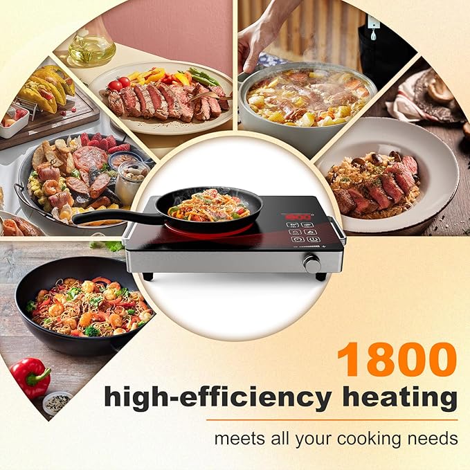 Portable Electric Stove 1800W, 110V Ceramic Hot Plate, Single Burner Cooktop with Knob Control, Timer, Safety Lock, Portable Cooking for Home, Office, RV