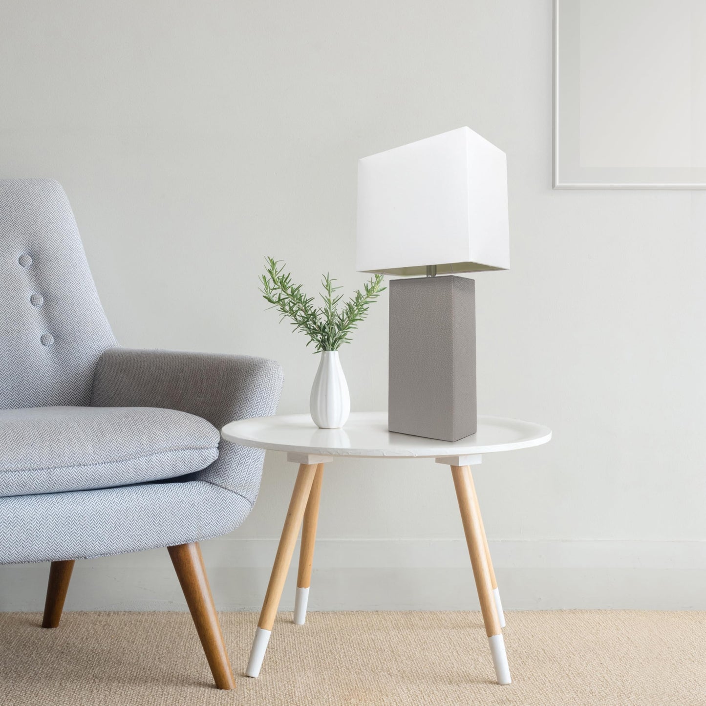 LALIA HOME Lexington 21in Bedside Table Lamp, Gray Leather Base, White Fabric Shade, Modern Décor for Living Room, Bedroom, Foyer