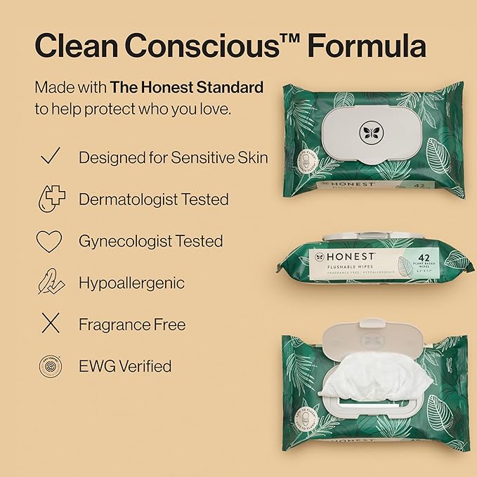 The Honest Company Flushable Wipes for Sensitive Skin | Fragrance Free, Hypoallergenic, 99% Water, Safe to Flush | pH Balanced Feminine Wipes | Tropical Leaves, 42 Count