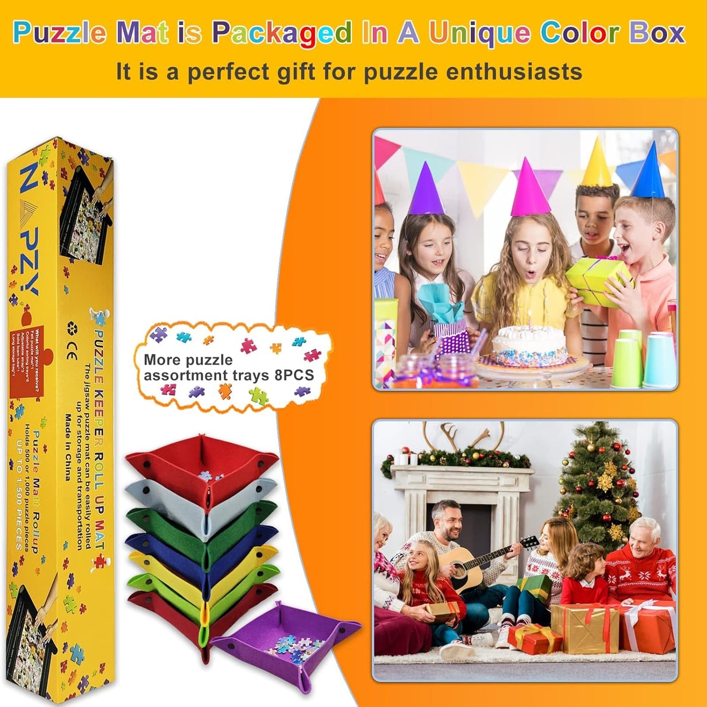 Napzy Puzzle Mat, Jigsaw Matt Rollup 8PCS Sorting Trays Up to 1500pcs Puzzles Matt Rollup 45.6 x 26.3 in Jigsaw Keeper and Saver Jigsawes Pad Has Storage Bag for Puzzle Lovers, Felt Matted Black
