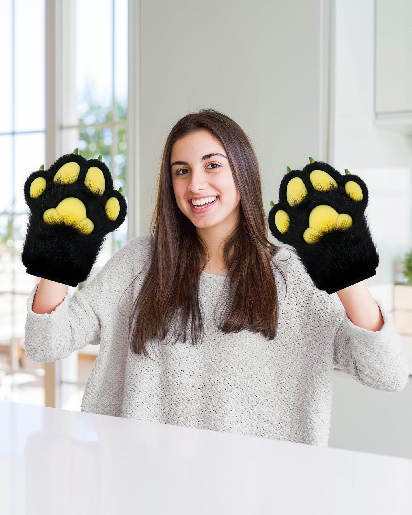 BNLIDES Cosplay Fursuit Paw Gloves Furry Claw Gloves Built-in Whistle Decompression Toys Costume Party Accessories for Adult (Black-Yellow)