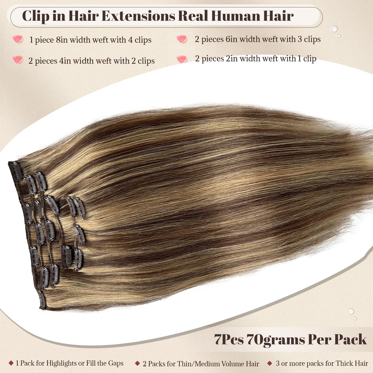 Licoville Clip in Hair Extensions Real Hair Blonde Highlight Human Hair Clip ins 15 Inch 70grams 7pcs Full Thick Medium Brown wi