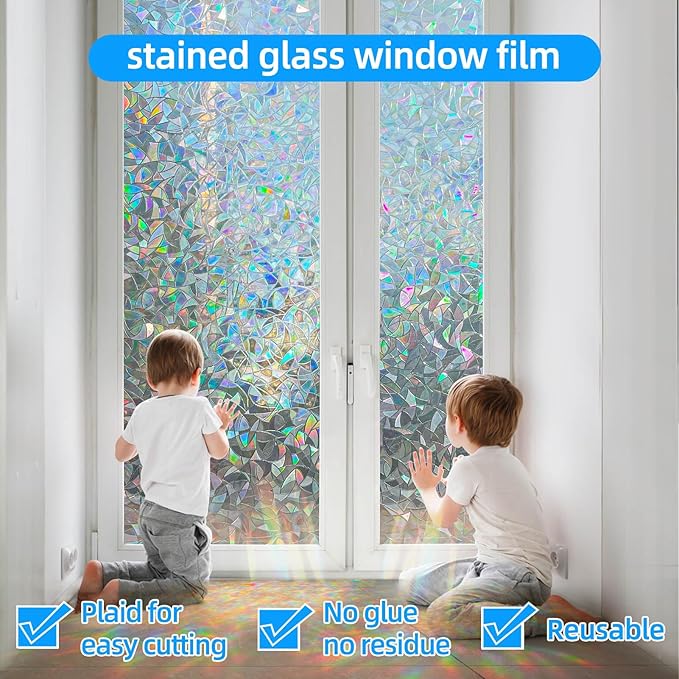 Rainbow Window Privacy Film - 3D Static Cling Sticker, Non-Adhesive Stained Glass Decals for Home Office - Privacy Protection & Decorative Vinyl (Rainbow, 23.6 x 78.7 Inch)