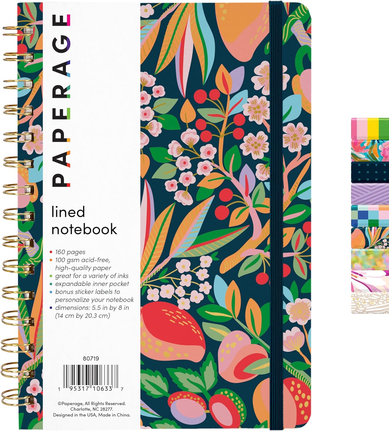 PAPERAGE Lined Spiral Journal Notebook, (Cherry Blossom/Fruit), 160 Pages, Hardcover Journal for Women & Men, Medium 5.5 in x 8 in - 100 GSM, Thick Paper, Spiral Notebook for Work, School & Journaling