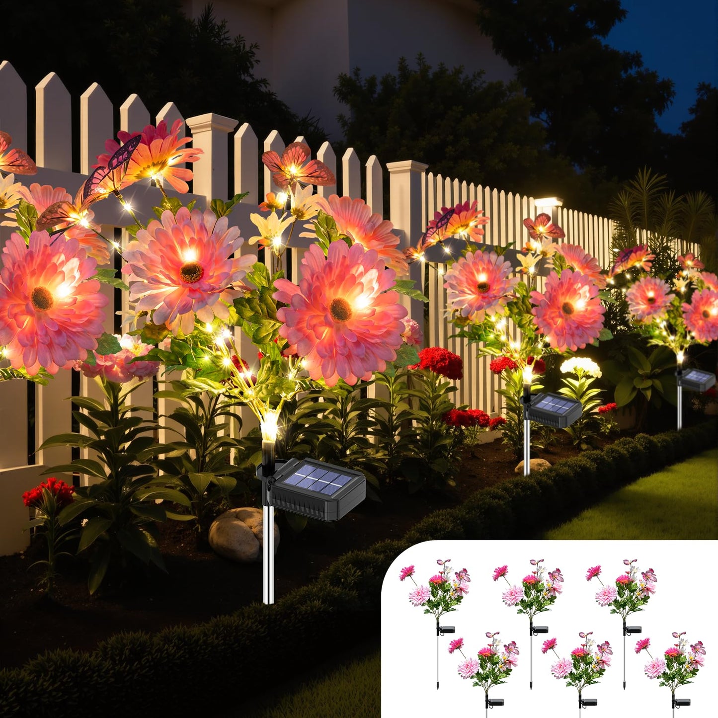 Topvelo Solar Garden Light 6 Packs  120 Leds Outdoor Solar Lighting With Daisy And Butterfly  Waterproof Outdoor Garden Light For Patio  Courtyard  Pathway Decoration (Pink)