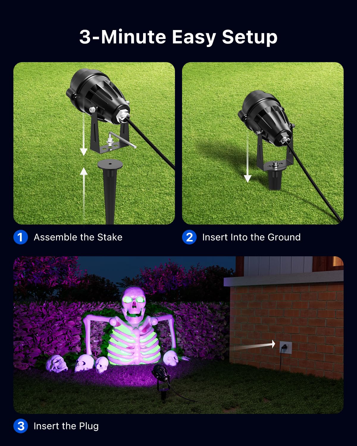 4 Pack Halloween Uv Landscape Spotlights For Outdoor Front Yard Waterproof Wired 120V Blacklight Spot Lights For Skeleton  Pumpkin  Ghost  Tree  Purple Ambiance Lighting For Porch  House  Wall  Lawn