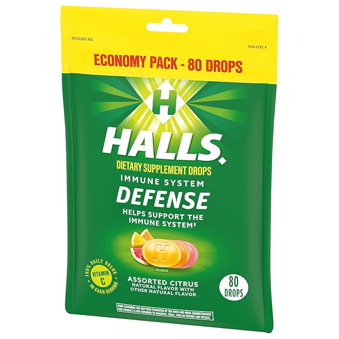 HALLS Defense Assorted Citrus Vitamin C Drops, Dietary Supplement Drops, Economy Pack, 12 Bags (960 Total Drops)