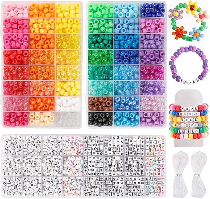 Quefe 3960pcs Pony Beads for Friendship Bracelet Making Kit 48 Colors Kandi Beads Set, 2400pcs Plastic Rainbow Bulk and 15...