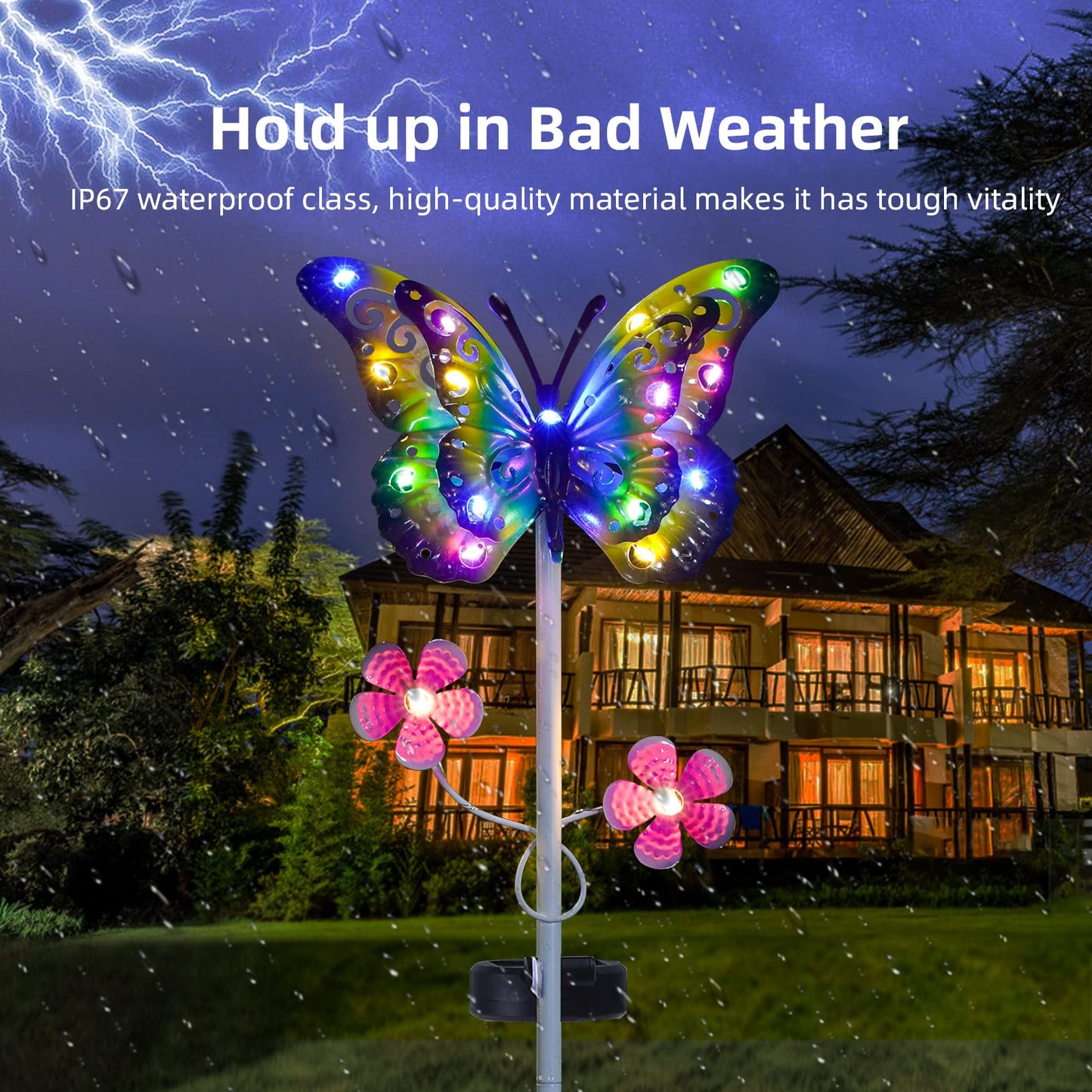 VGYVGYCC Solar Garden Lights 2 Pack - Metal Butterfly LED Stake Lights, Waterproof, Blue
