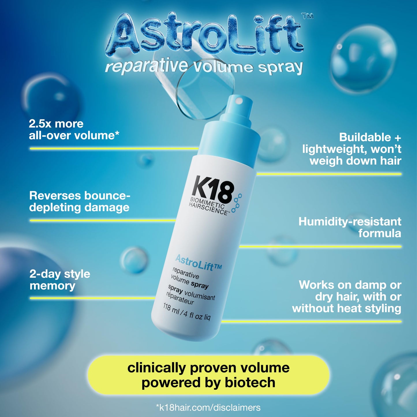 K18 AstroLift Reparative Volume Spray, 2-Day Hair Thickening + Hold For Thin, Fine, Fragile Hair, Non-Sticky, Non-Crunchy, Humid