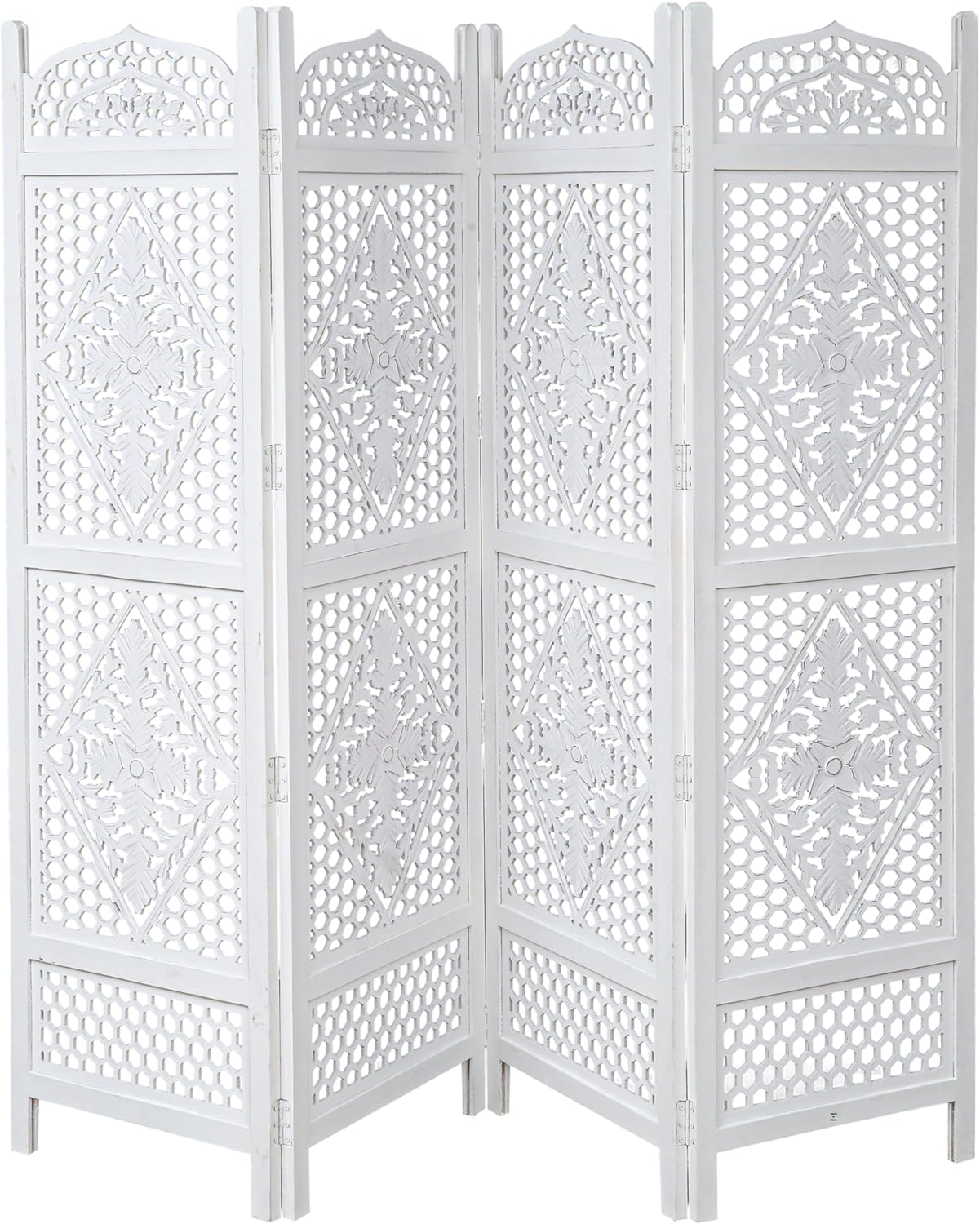 Room Divider Wood Screen Panel – Antique White, 4-Panel Folding 80"x72", Hand-Carved, Reversible Privacy Partition, Decorative & Functional Portable Room Divider for Home or Office