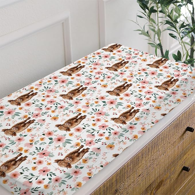 HawSkgFub Highland Cow Boho Floral Changing Pad Cover for Baby Girls, Western Farm Animal Retro Flower Diaper Change Table Covers, Soft Stretchy Safe Snug Fitted Changing Mat Sheet Fit 32"/34" x 16"