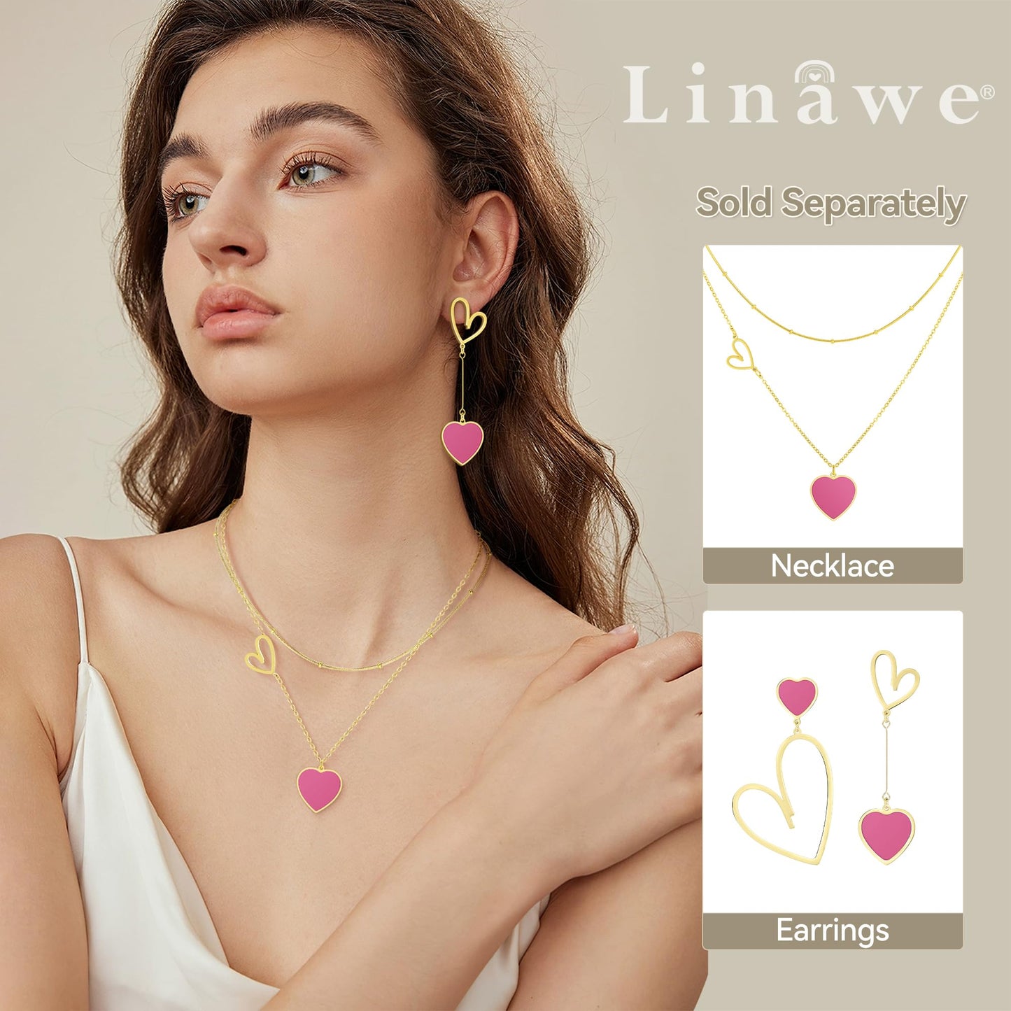 Linawe Hot Pink Heart Earrings for Women, Gold Dangle Drop Earrings, Titanium Surgical Steel Hypoallergenic Asymmetrical Earring
