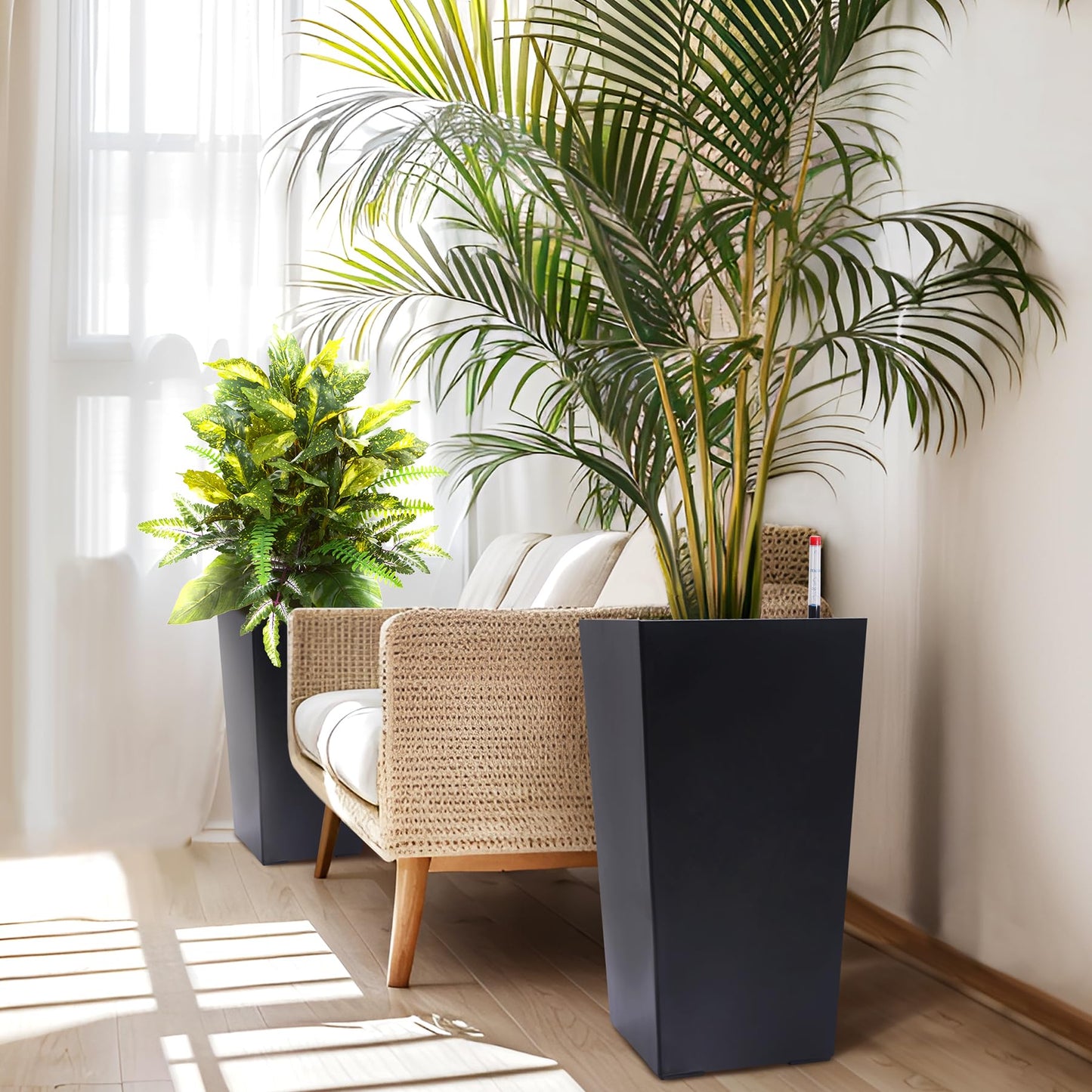 Black Planters Outdoor Set of 2, 22 Inch Tall Plastic Planter with Drainage Holes & Water Level Monitor & Inner Bucket, Indoor & Outdoor Large Planters for Front Porch, Patio, Balcony, Living Room