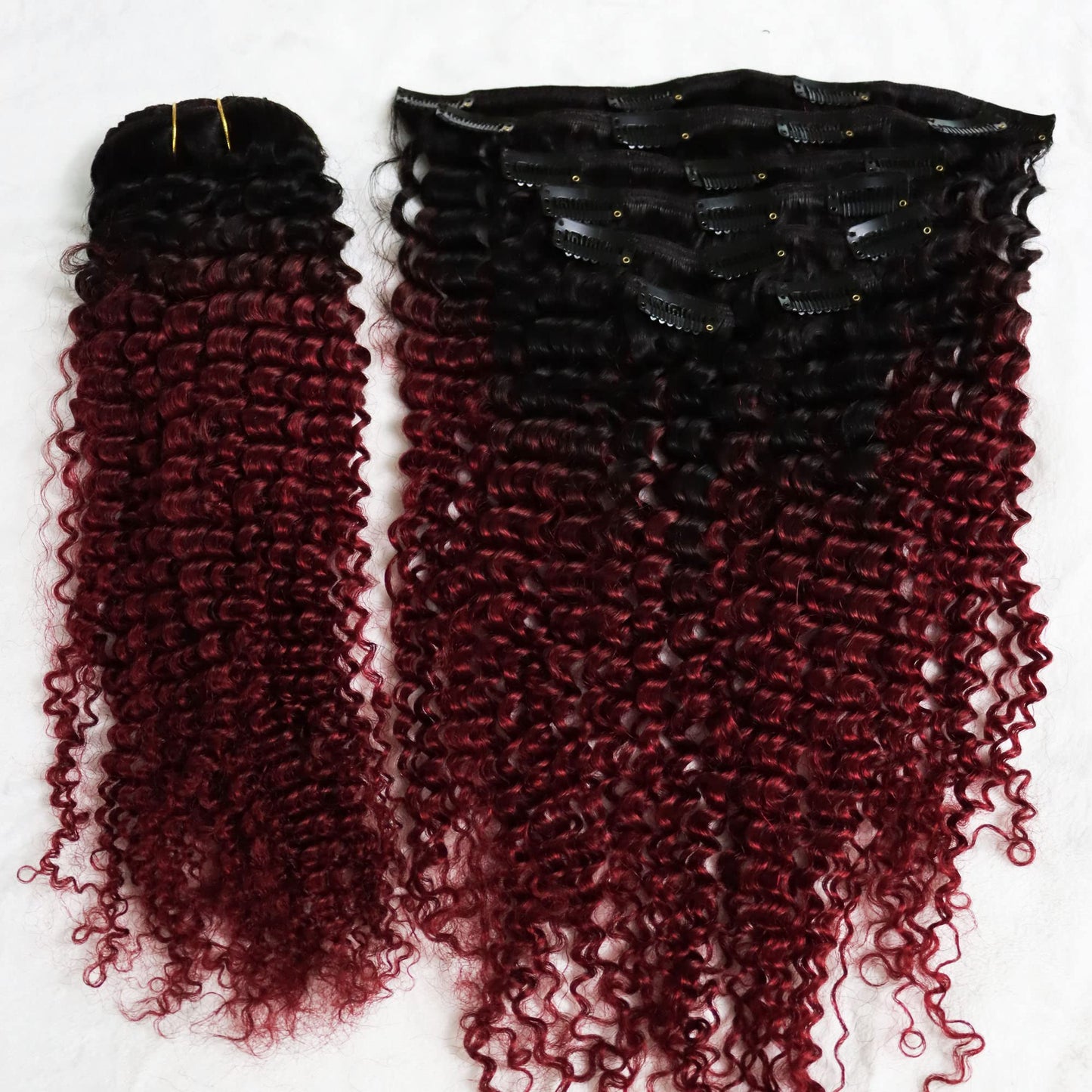IXTUYLL Virgin Human Hair Clip In Extensions Ombre Red Burg Afro Kinky Curly 3B 3C 120 Grams Clip Ins Hair Extensions Real Human