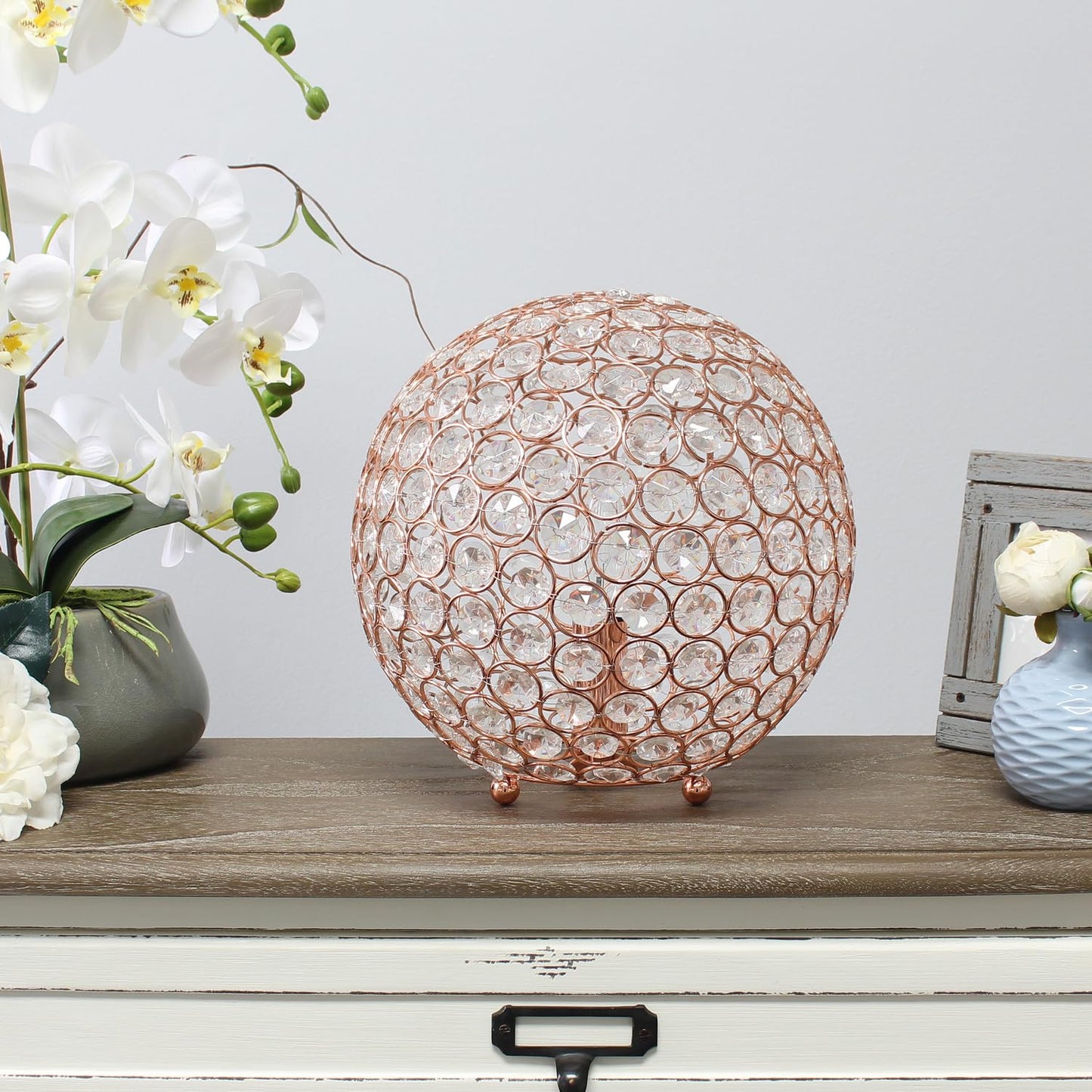 Lalia Home Table Lamp - Contemporary Metal Crystal Round Sphere - 10in - Rose Gold - Model 1270-LHT-3013-RG