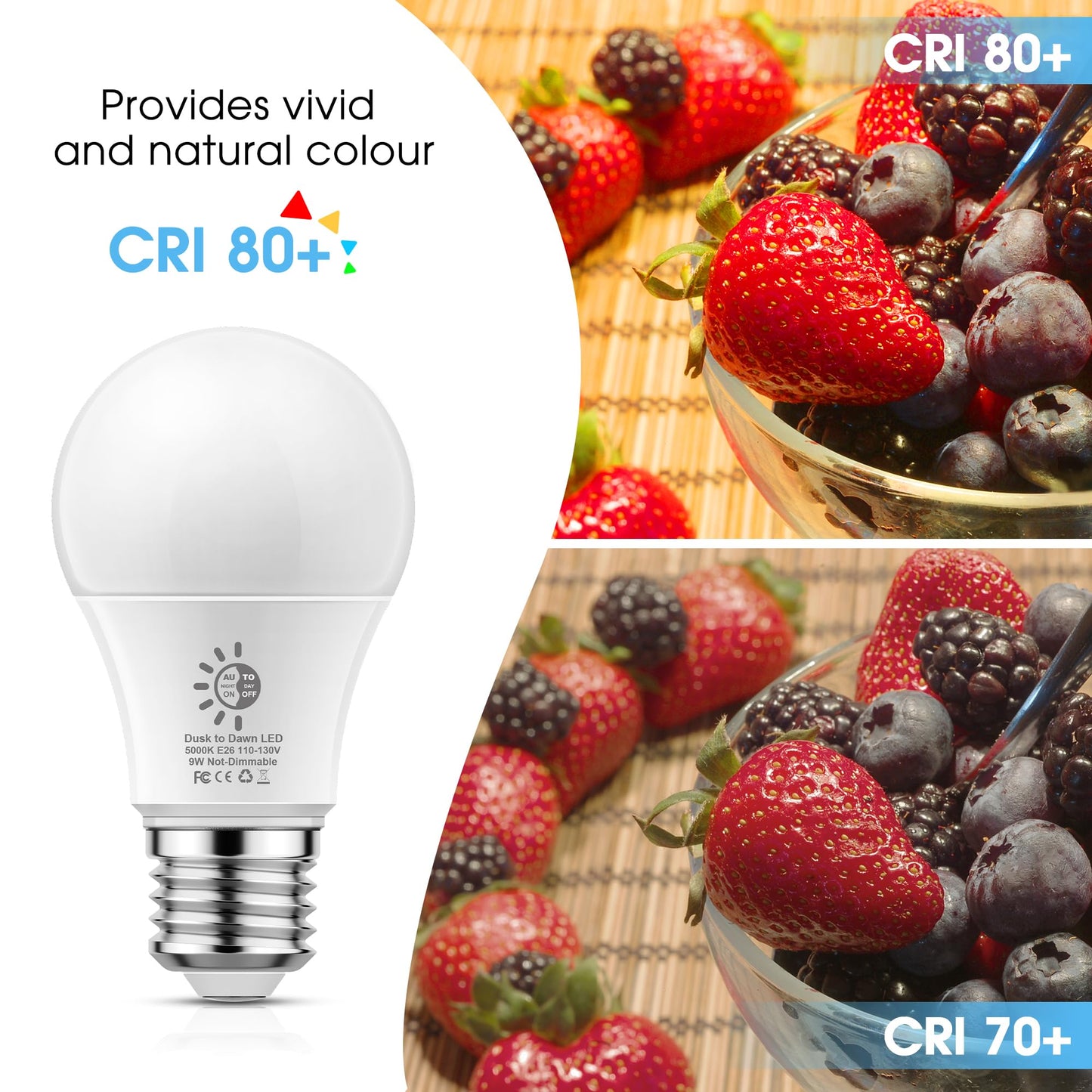 4 Pack Dusk To Dawn Light Bulbs Outdoor  9W(60W Equivalent) 5000K Daylight Bulb  800Lm A19 E26 Automatic On/Off Led Light Bulbs  Dusk To Dawn Led Sensor Photocell Lighting For Porch Garage Patio