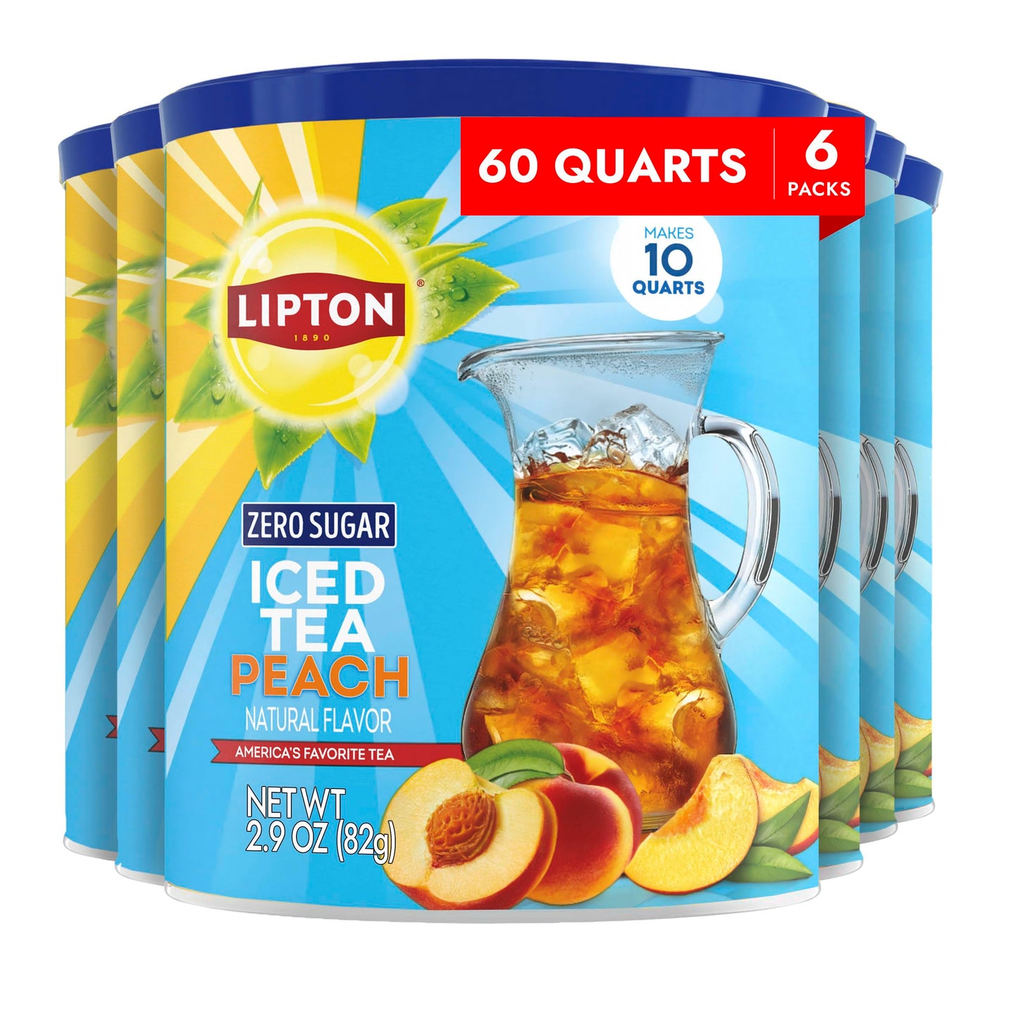 Lipton Zero Sugar Iced Tea Mix  Peach Flavor Black Iced Tea  Makes 10 Quarts (Pack of 6)
