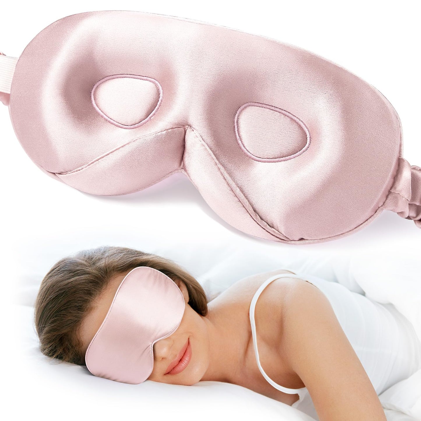 LitBear 100% 22 Momme Mulberry Silk Sleep Mask - 3D Contoured Eye Mask for Men Women, Soft Breathable Sleeping Mask with Adjustable Strap, Perfect Blocks Light for Sleeping (Light Pink)
