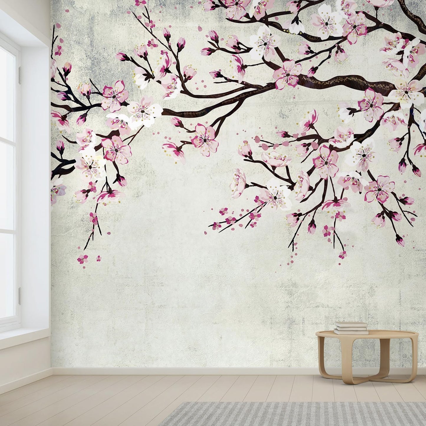 wall26 Wall Sticker/Wall Mural Watercolor Style Ink Painting Pink Cherry Blossom on Vintage, Not Peel and Stick, Non-Woven Wallpaper Decorative for Bedroom, Living Room, Office - 120x168 inches