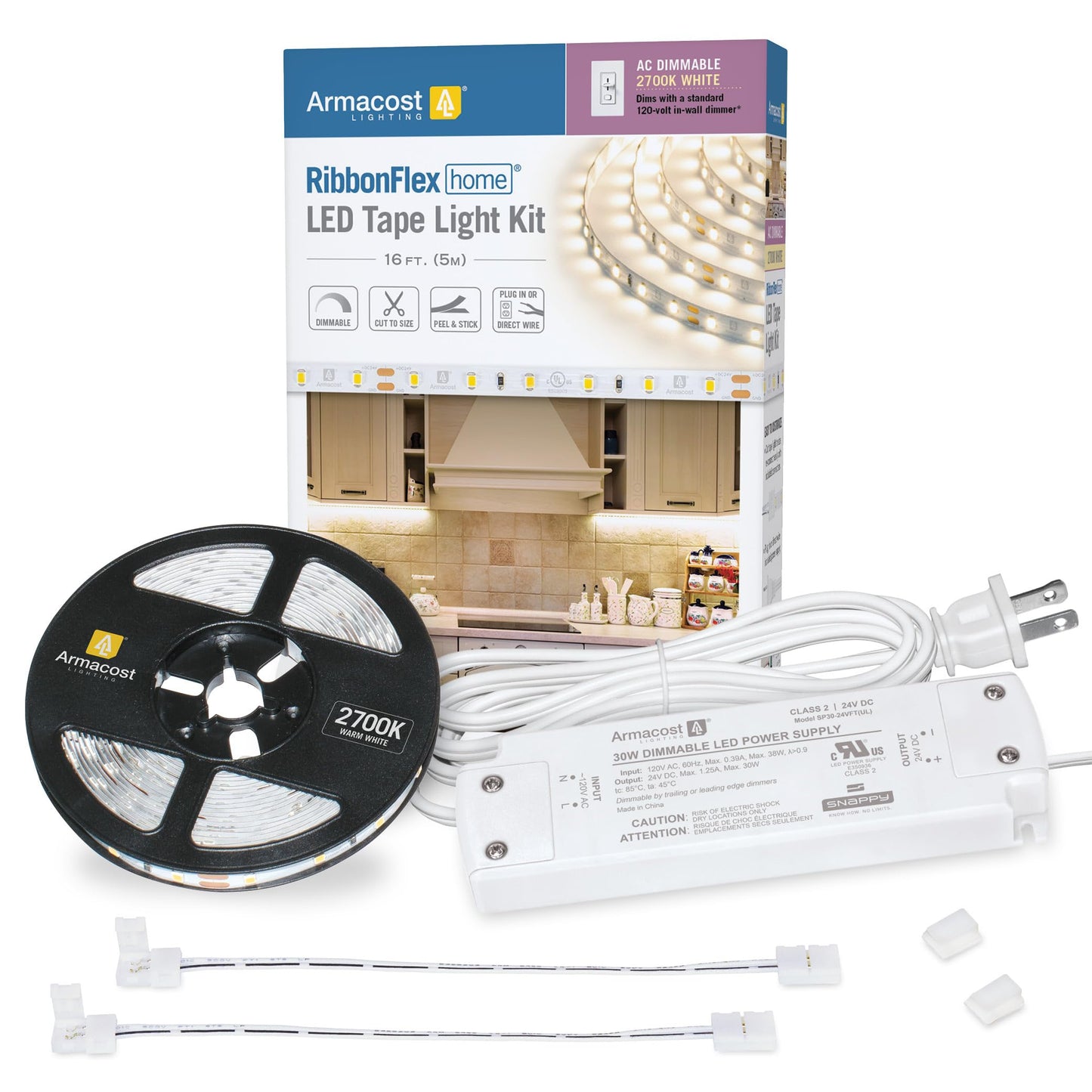 Armacost Lighting LED Tape Light Kit, AC Dimmable, 5M, 2700K Warm White, 16.4 ft, Plastic, Model 424502, White