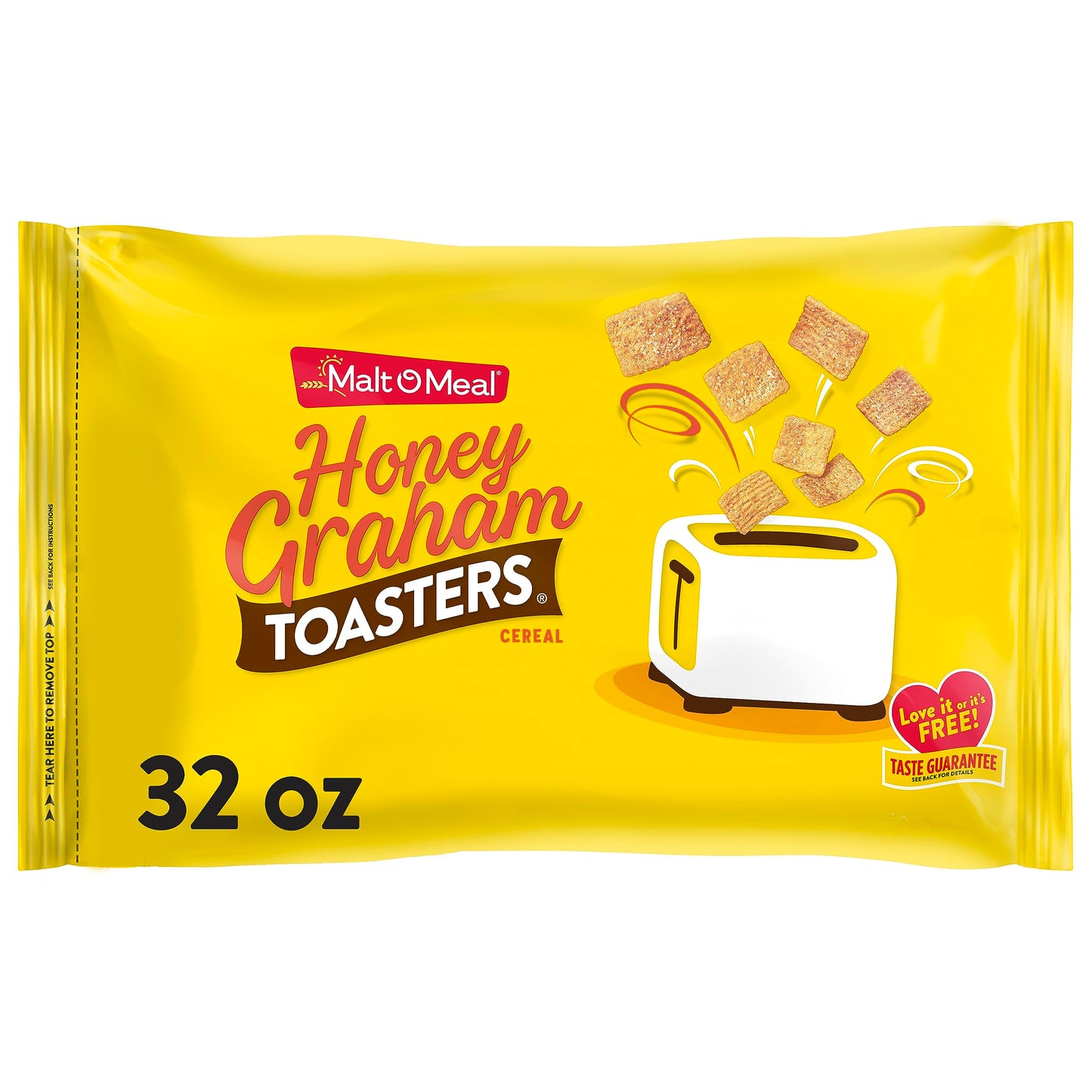 Malt-O-Meal Honey Graham Toasters Breakfast Cereal, Honey Graham Cereal Squares, Super Size Bagged Cereal, 32 OZ Resealable Cere