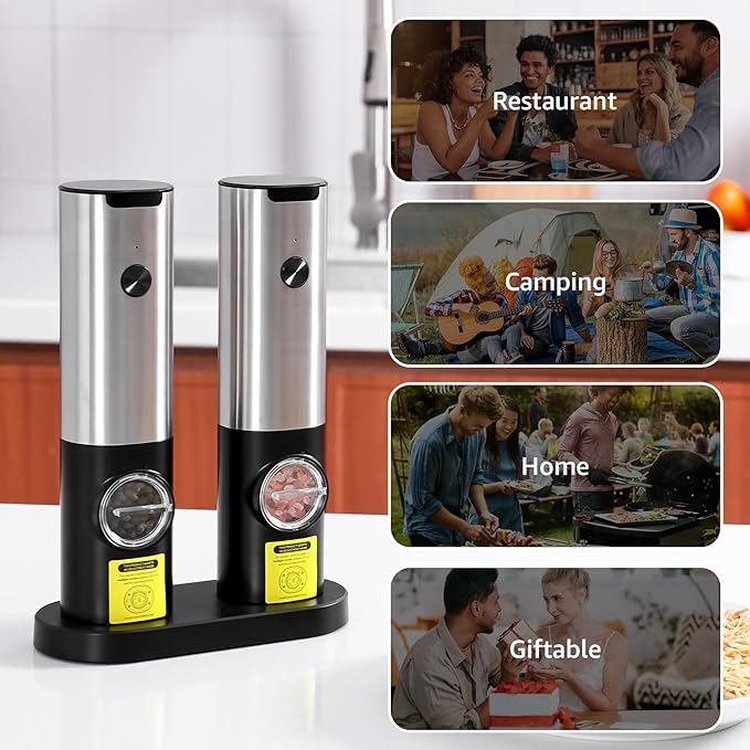 KOMOREBI Rechargeable Electric Salt and Pepper Grinder Set - Automatic Mill with Adjustable Coarseness, LED Light, Salt and Pepper Shakers,Home Kitchen Gifts