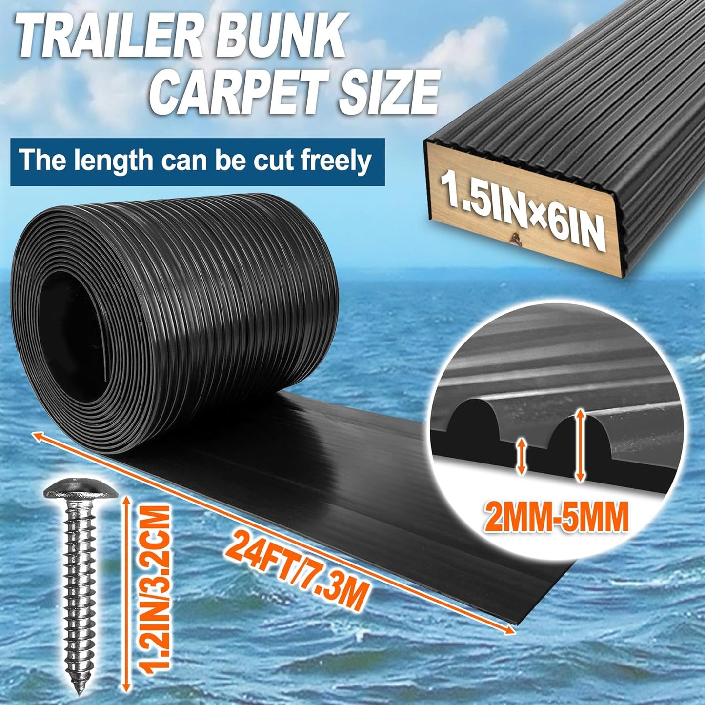 PE Waterproof Bunk Wrap Kit 24ft Roll, Boat Trailer Bunk Carpet with Install Screw and Strap, Bunk Wrap for Boat Trailers Replacement Synthetic Bunk Cover for Loading and Unloading Boats