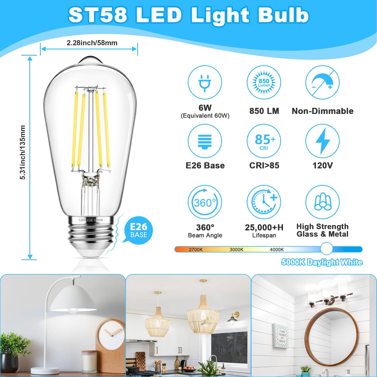 ASOMST 4-Pack Vintage Edison LED Bulbs, 60W Equivalent, 850LM 6W Edison Light Bulb Daylight White 5000K, ST58 LED Filament Bulb E26 Base, Non-Dimmable