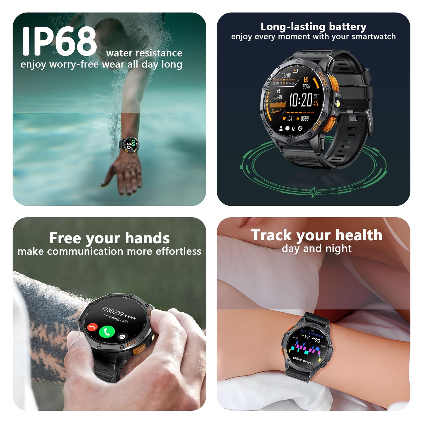Military Smart Watch With GPS, 170+ Sport Modes Smartwatch with Heart Rate Monitor, Compass, Flashlight, GPS, Smart Watch for men,1.43" AMOLED Screen Bluetooth Call,Compatible iOS & Android (2 Bands)