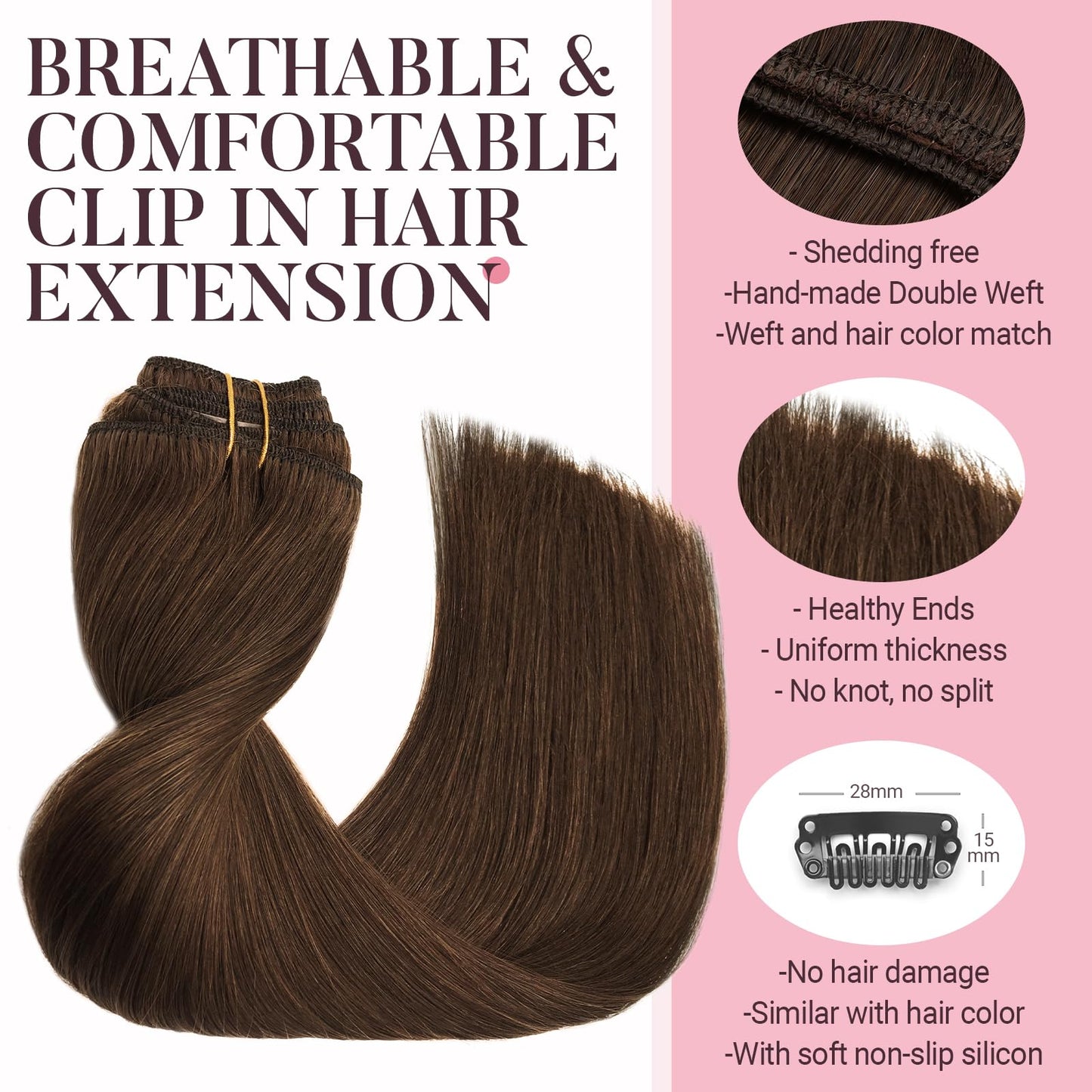 MAXITA Human Hair Clip in Extensions, Chocolate Brown 16 Inch 5pcs 75g, Remy Clip in Hair Extensions Real Human Hair Extensions