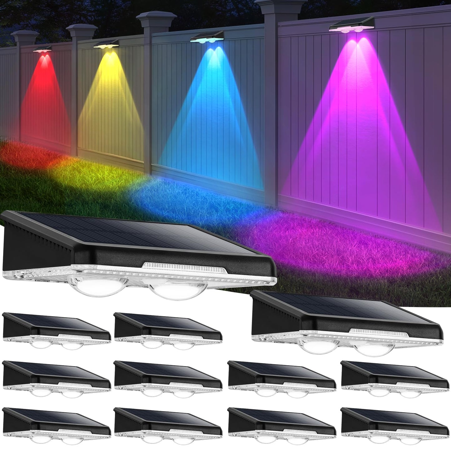 Solar Lights Outdoor 16-Pack  Waterproof Fence Lights Solar Powered With Warm White & 6 Rgb Colors & 2 Lighting Modes For Backyard  Deck  Step  Stairs  Balcony  Yard  Patio  Walkway  Pathway