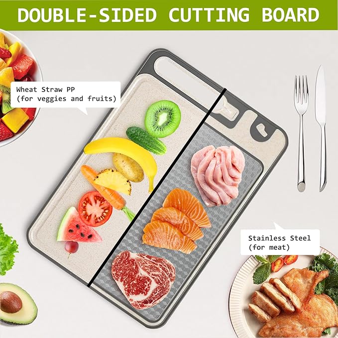 3-in-1 Stainless Steel Cutting Board for Kitchen, Double Sided,Non Toxic Cutting Board,Scratch-Resistant Mesh Design with Juice Groove,Easy Clean,Wheat Straw PP Large Chopping Board (15''*10'')