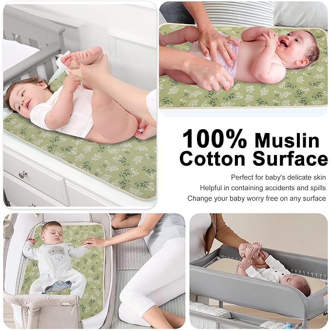 Baby Diaper Changing Pad, 19.7"x25.6" Waterproof Changing Pad Liners with 100% Muslin Cotton Front Top and Leather Back, Soft and Absorbent Portable Changing Mat for Travel, Changing Station