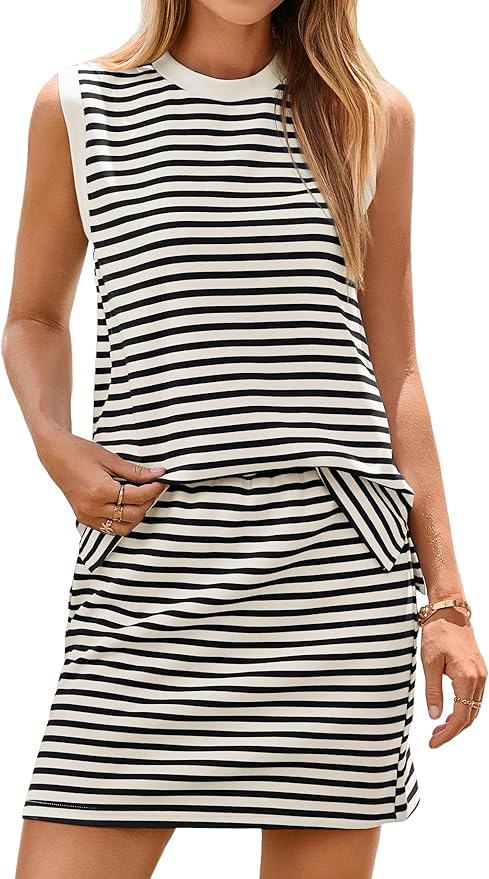 Glamaker Summer 2 Piece Short Skirt Sets For Women Striped Sleeveless Tennis Skorts Travel Vacation Outfit 2026
