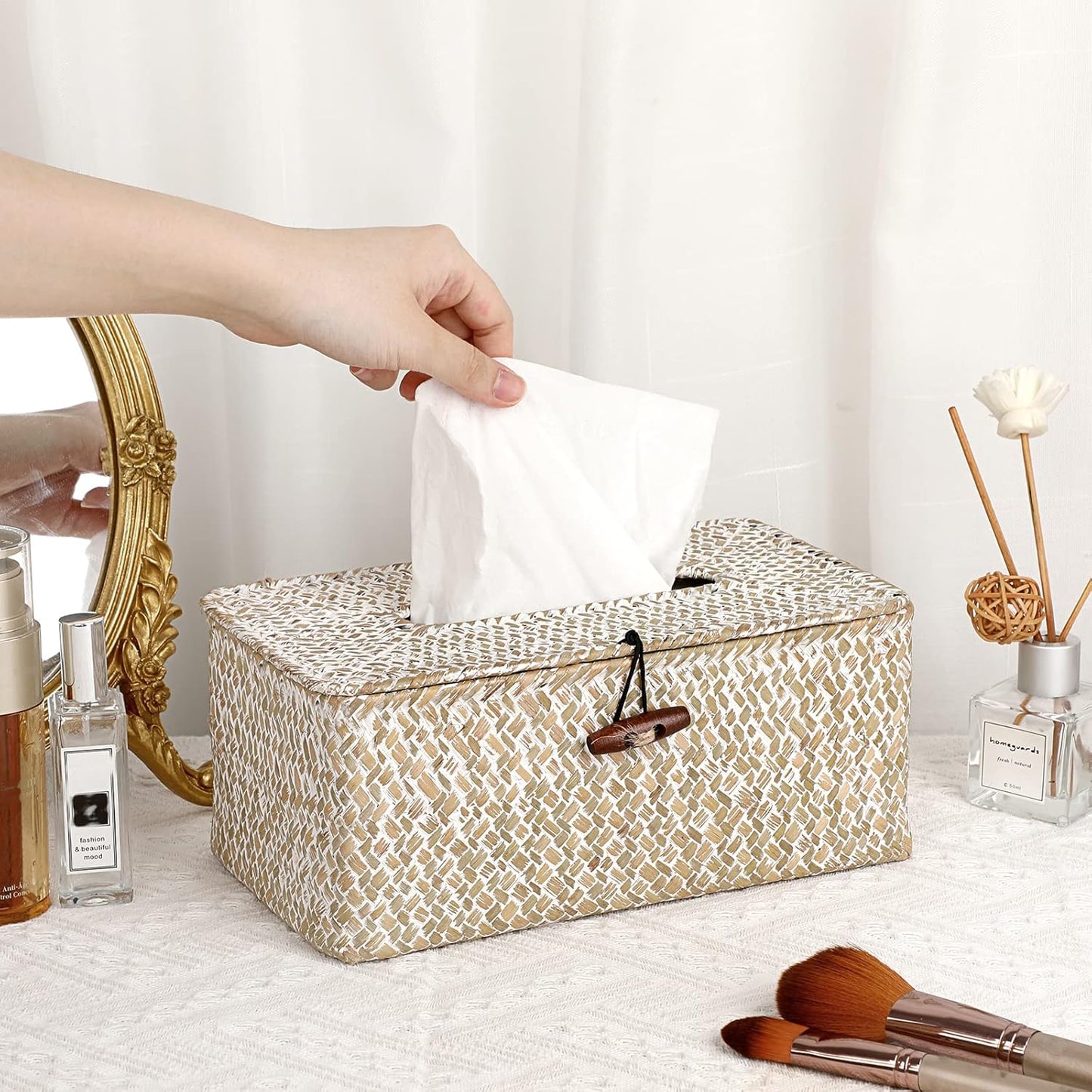 Sumnacon Rectangle Natural Seagrass Tissue Box Cover,Woven Tissue Box with Bottom,Farmhouse Tissue Box Holder for Living Room Bathroom Vanity Toilet Table Desk Countertop Office Car,Whitewash
