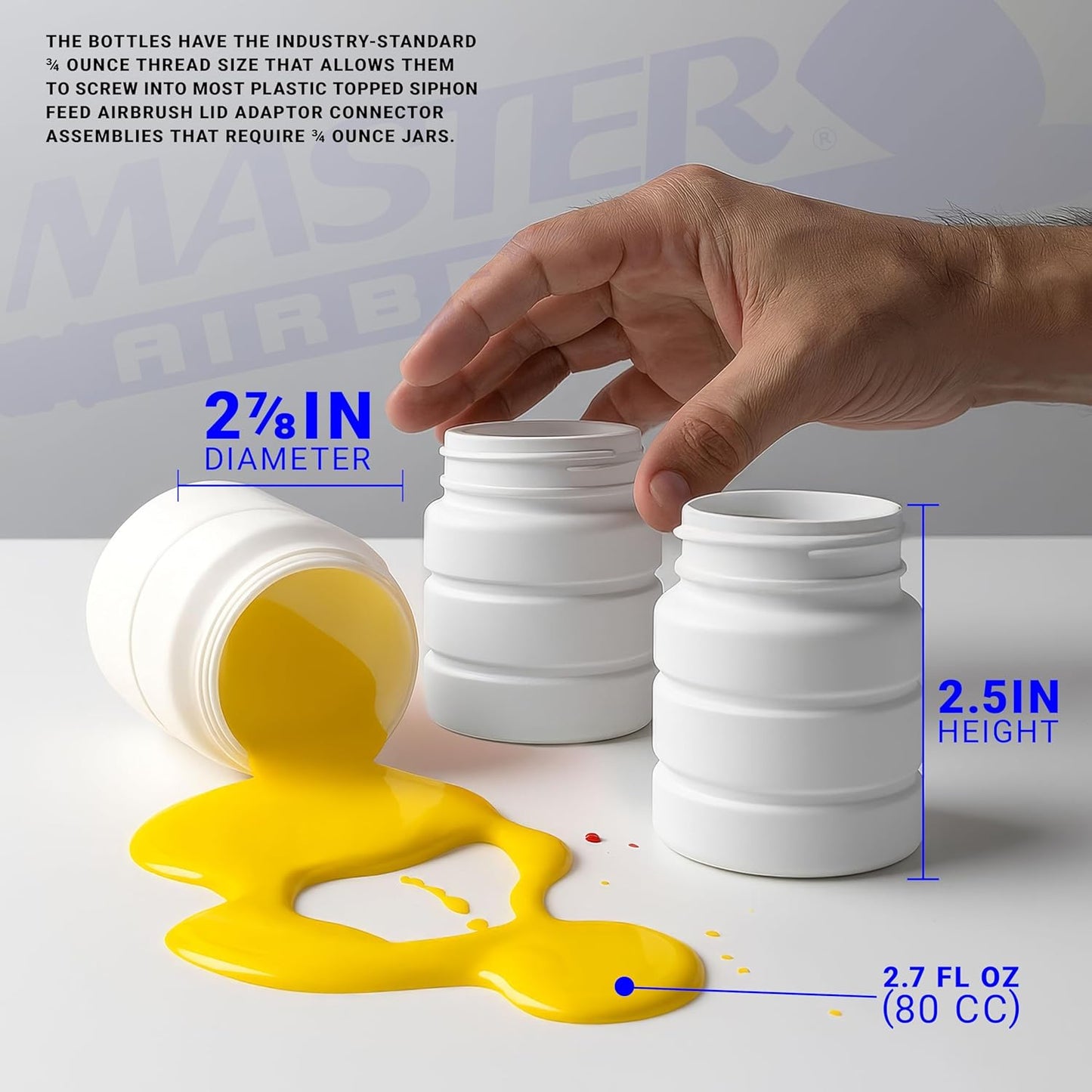 Master Airbrush (Pack of 10) TB-005 Empty 2.7-Ounce (80cc) Plastic Jar Bottles with 60° Down Angle Adaptor Lid Assembly - Fits Single-Action Siphon Feed Airbrushes, Use on Master Badger Paasche Iwata