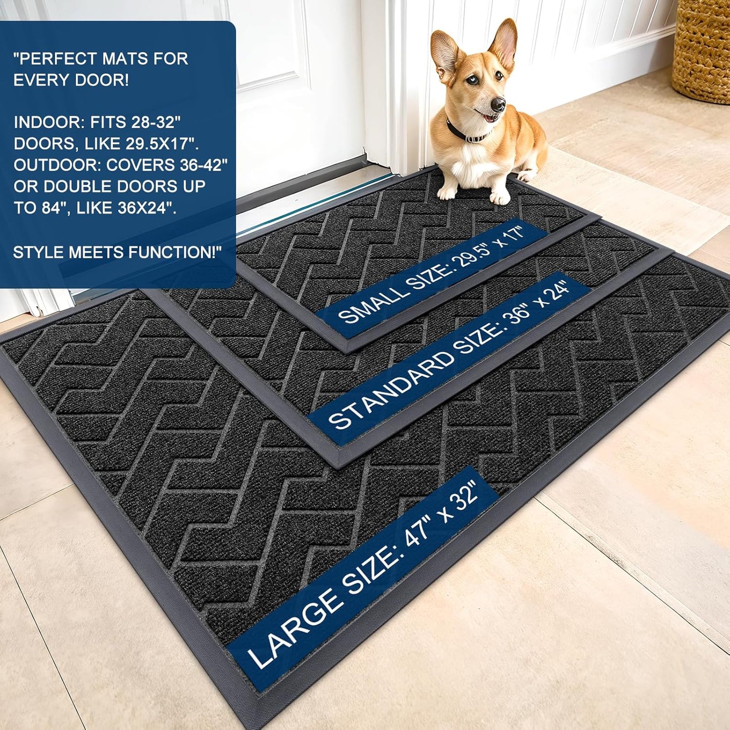 OLANLY Front Door Mat Indoor Outdoor Entrance, Waterproof All-Season, All-Weather Doormat, Sturdy Natural Rubber, Low Profile, Easy Clean Patio Porch Entryway Mat, Herringbone Brick (Black, 47x17)