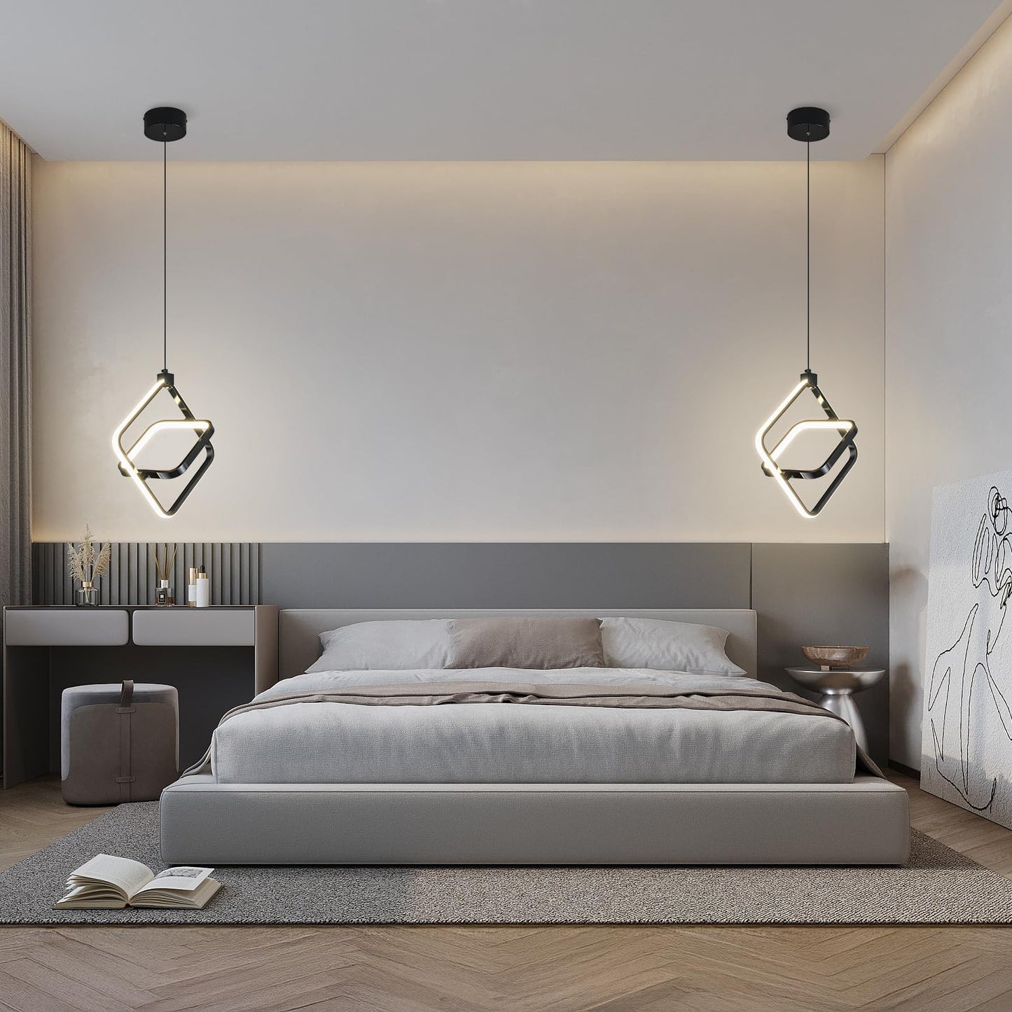 Bnhhlz Modern Led Pendant Lights Plated Black Rectangular Pendant Light Fixtures 4000K 20W Dimmable Pendant Lighting For Dining Room Kitchen Island Bedroom Living Room Foyer(1-Pack)