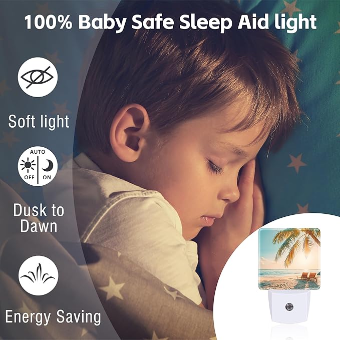 Beach and Sunset Night Light Plug into Wall, Tropical Palm Tree and Ocean Dusk to Dawn Night Light Plug in,0.5w Energy Saving Sleep Friendly NightLight for Kids Boys Girls Home Decor